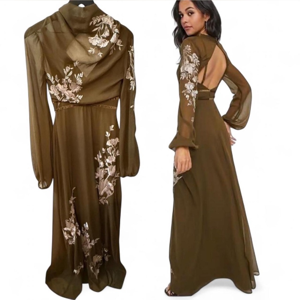 ASOS Olive Green Floral-Embroidered Long Sleeve Midi Dress
